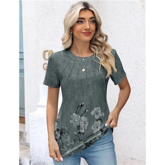 Womens Casual Crew Neck Short Sleeve Pleated Tops Blouses Fashion Clothes 2025 - Picture 5 of 6